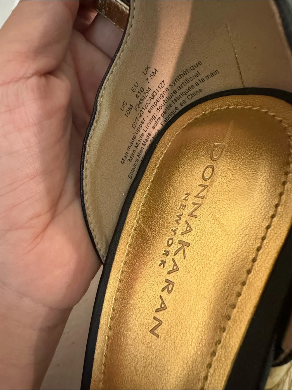 Donna Karan Black Wedge Sandals with Gold Accents